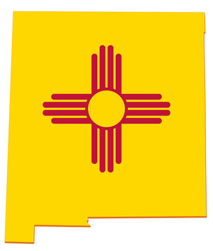 Symbol of New Mexico state identity and southwest heritage, featuring the Zia sun symbol within the geographic territory map silhouette design (cut out)