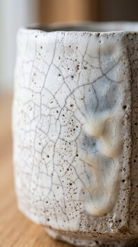 A white handmade ceramic mug with a distinct crackled glaze texture on a wooden table.