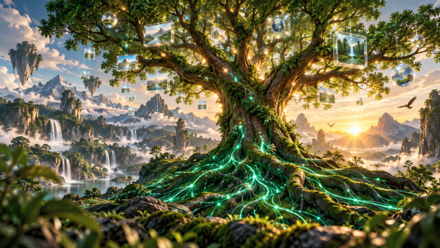 Surreal tree with glowing neural roots and floating information panels at sunrise
