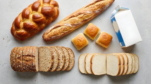 An assortment of delicious freshly baked breads including golden challah a crispy baguette soft rolls and neatly sliced loaves on a gray