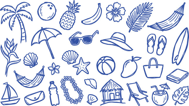 Hand made doddle Collection of tropical vacation elements in a blue line drawing style