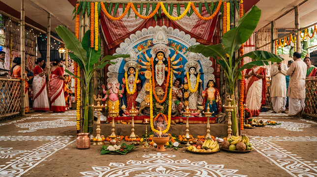 Goddess Durga idol stands adorned with flowers and garlands inside a traditional festive pandal with devotees gathered on the sides during Durga Puja.