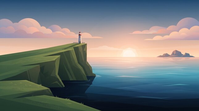 Scenic lighthouse standing on a grassy ocean cliff overlooking calm blue water, distant coastline, and a soft evening sky.