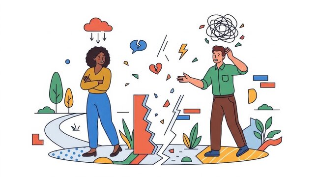 Illustration of a Couple in Relationship Conflict with Broken Heart and Separation Barrier