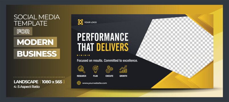 Premium Black and Gold Corporate Performance Flyer Template and Landscape Social Media Post Ads.