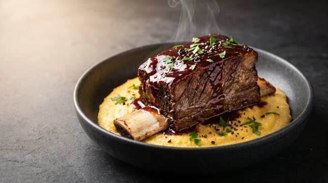 Slow braised bone in beef short rib glazed in rich red wine reduction, served over smooth creamy polenta with fresh herbs on an elegant dark ceramic dinner plate