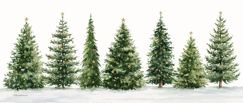 Watercolor Pine Trees Border in Winter Snow with Golden Star Toppers Isolated on White Background.