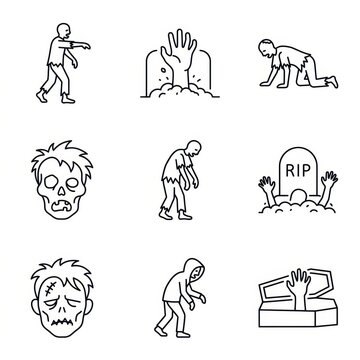 Set of Nine Zombie Line Icons featuring Walking Undead Skulls and Graveyard Elements