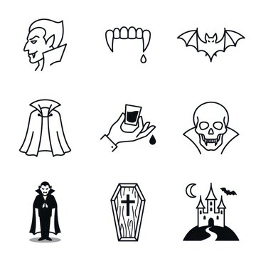 Minimalist Vampire and Dracula Halloween Icon Set in Black Line Art Style