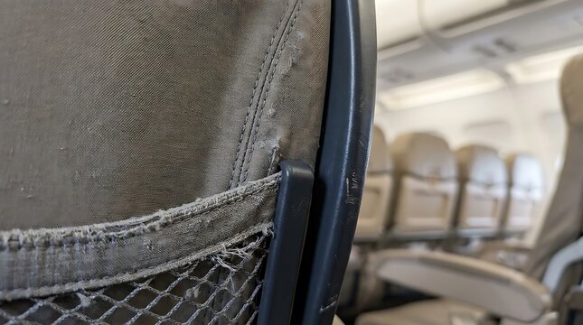 A close-up view of a worn airplane seat pocket with frayed fabric and mesh on a commercial flight cabin.