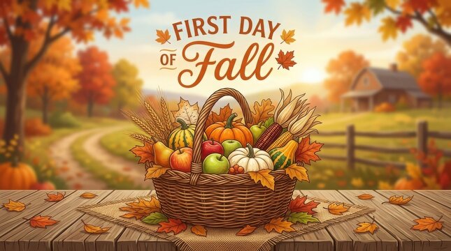 First day of fall harvest basket with pumpkins and autumn leaves