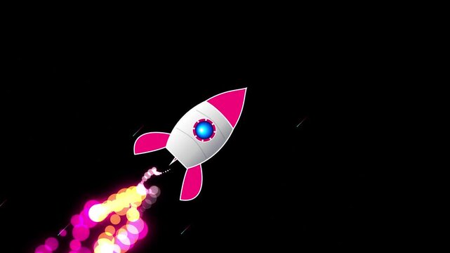 Colorful cartoon rocket launching through space with bright flame effect
