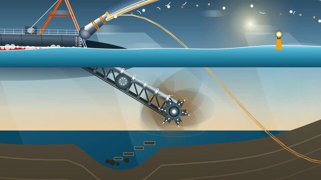 Animation illustrating the process of land reclamation where a cutter suction dredger excavates seabed sediment and pumps it to create an artificial island with palm trees