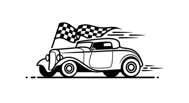 Classic Vintage Hot Rod with Checkered Racing Flag Illustration