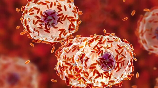 Clue cells, 3D animation of squamous epithelial cells coated with Gardnerella bacteria, associated with bacterial vaginosis.