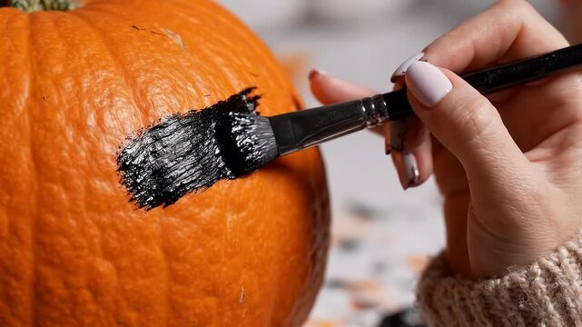 Close up of a person painting an orange pumpkin with black paint for Halloween decorations