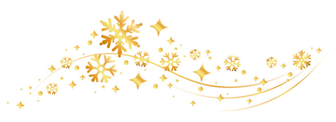 Fototapeta na wymiar Golden snowflake border with elegant snow patterns and star elements. Vector holiday ornament with crystal shapes, winter decoration design, Christmas greeting card template and festive gold lines.