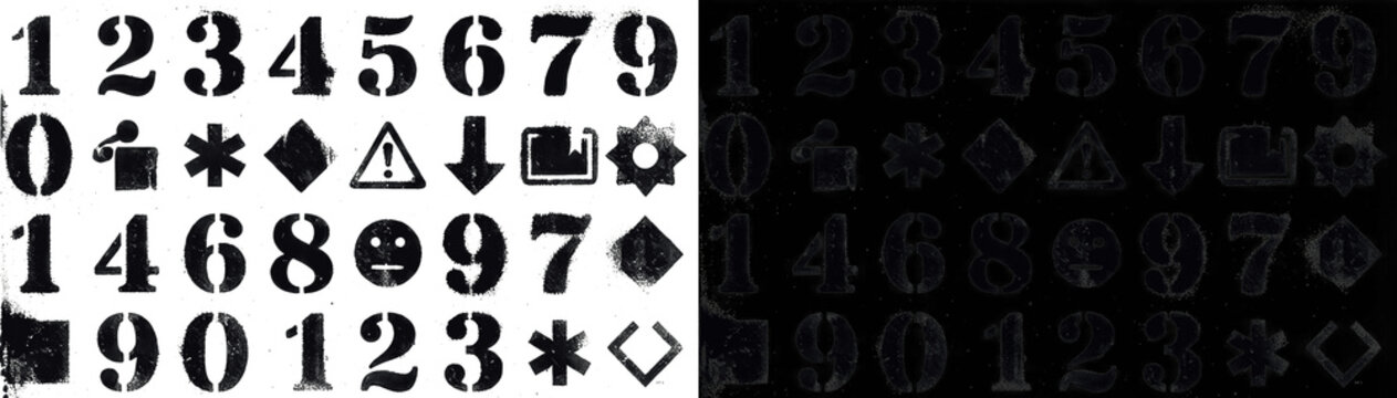 Black spray paint stencil numbers and symbols set. Grunge urban characters, numbers and geometric shapes with messy ink texture for poster, street art, graffiti design and creative branding projects