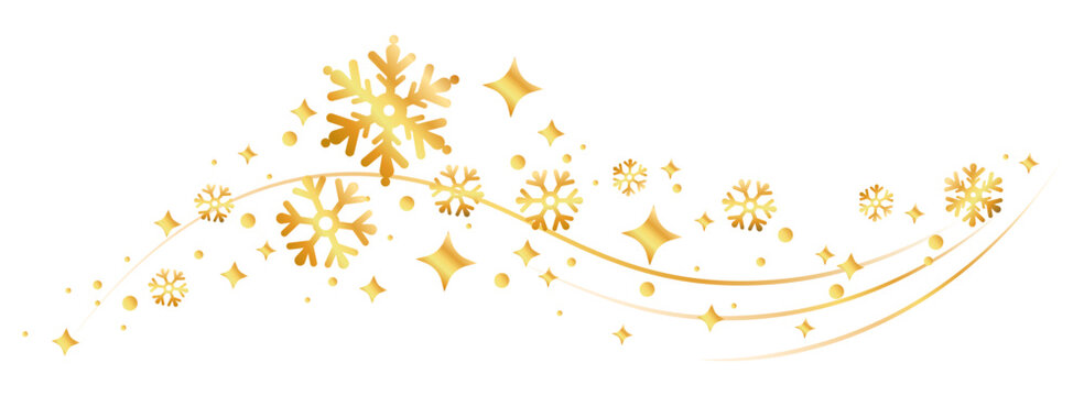 Golden snowflake border with elegant snow patterns and star elements. Vector holiday ornament with crystal shapes, winter decoration design, Christmas greeting card template and festive gold lines.