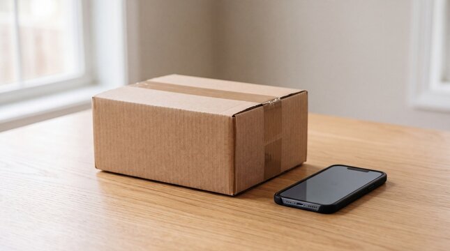 Cardboard shipping box and smartphone on a wooden table. Online shopping delivery concept photo. Parcel package tracking application. E-commerce logistics and fulfillment service