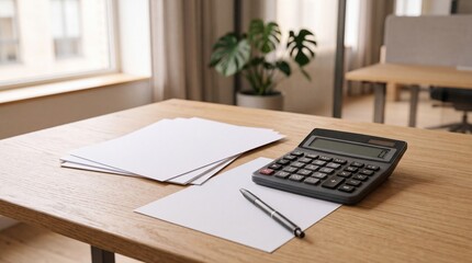 Fototapeta premium Financial accounting and budget planning concept photo. Black electronic calculator, ballpoint pen, and stacked white paperwork on a wooden office desk. Bright natural light