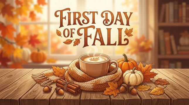 Cozy first day of fall scene with coffee, pumpkins, and autumn leaves on a wooden table