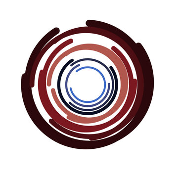 Abstract geometric  graphic with concentric circular arcs and segmented rings in maroon, brown, reddish-brown, blue, and navy, creating a layered radial composition. Branding, icon, button round shape