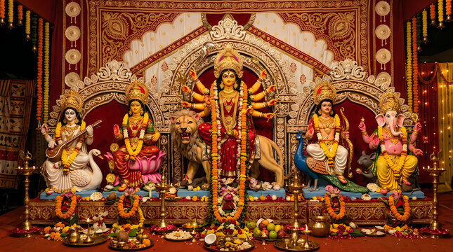 Durga Puja traditional temple sanctuary with five deity idols