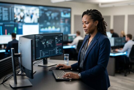 Black female cybersecurity director analyzing data in modern SOC control room