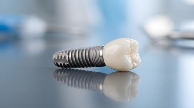 A titanium dental implant featuring a pristine ceramic crown is showcased within a professional dental laboratory environment representing advanced restorative dentistry procedures