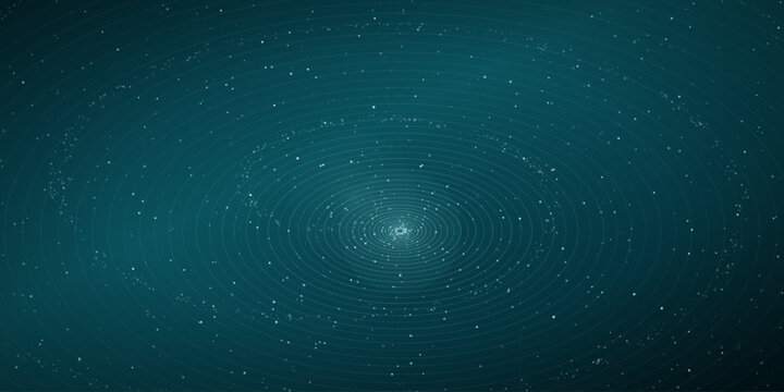 Deep teal abstract spiral galaxy disc background. Concentric orbit rings with a bright particle core for banner and cover design