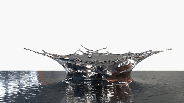 Close-up of Crown-like splash impact of water rises from dark reflective surface on a pure white background