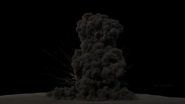 Powerful explosion creates a large dark plume of dense smoke with smaller debris trailing from the center on a black background
