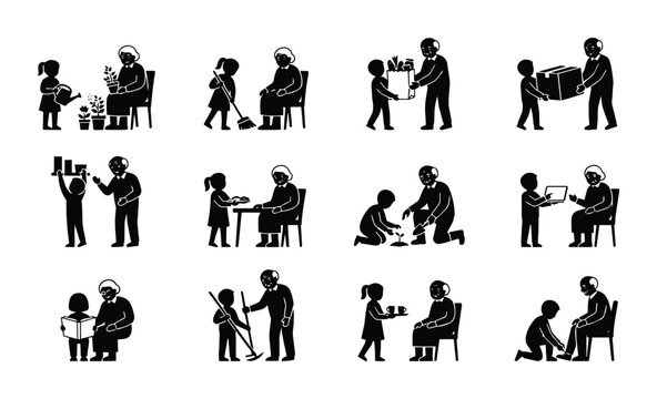 Grandchildren helping grandparents silhouette icons, set of 12 vector pictograms showing kids assisting elderly people, intergenerational care and family support
