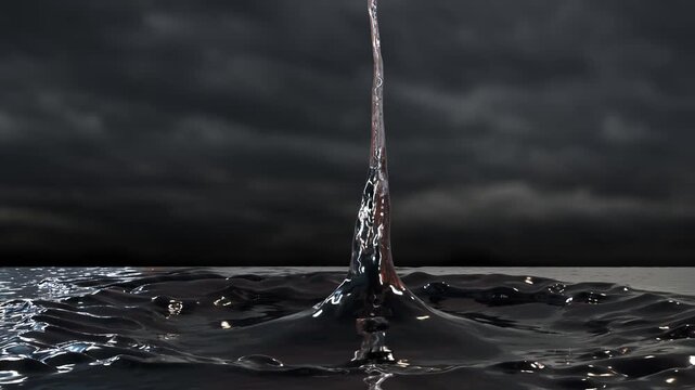 Side Close up of a Dark Liquid Crown Splash in Slow Motion on a very dark cloudy Background