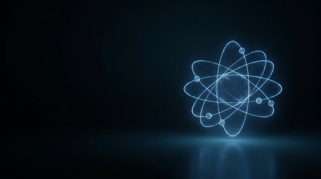 Glowing blue atom model with orbiting electrons on dark background representing nuclear physics and quantum mechanics concept.