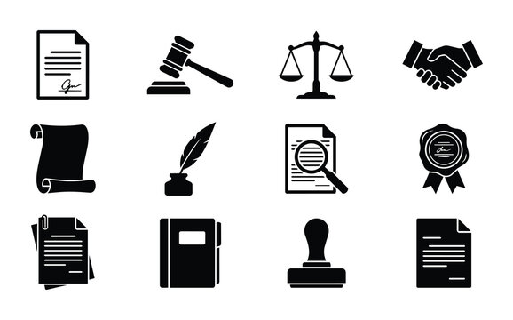 Legal and justice icon set with 12 black vector symbols, law firm silhouettes including gavel and scales, professional notary and contract document graphics