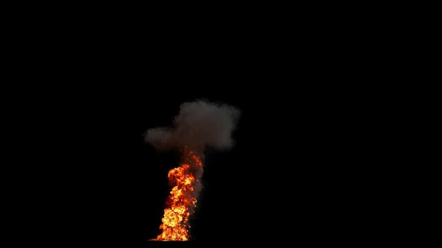 Side view of Small Oil Fire with Tall Flames in varying Orange and Dense Smoke Plume with fast Dissipation on a Black Background