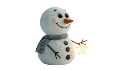 Obraz premium Cute small winter white snowman toy figurine decoration isolated on transparent background.