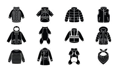 Winter dog clothes icons set, black silhouette pet apparel collection, 12 vector elements of warm puppy jackets and coats for cold weather © Niaz
