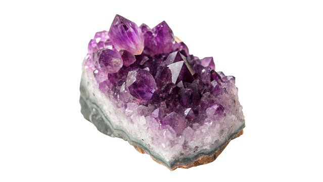 Natural purple amethyst quartz crystal cluster gemstone isolated on transparent background.