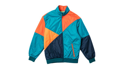 Vintage colorful retro geometric windbreaker sports jacket apparel isolated on transparent background. © Samuel Sutton
