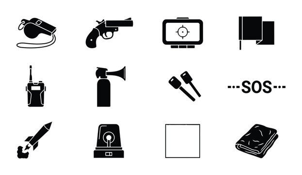 Emergency distress signal icons, 12 black vector symbols for rescue and survival, SOS equipment and safety warning tools set
