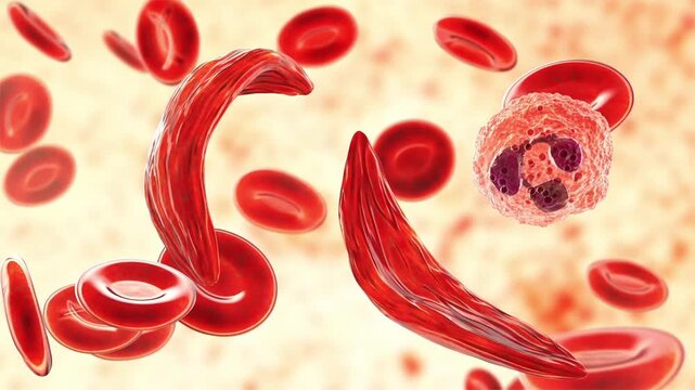 Sickle cell anaemia, 3D animation of sickle-shaped red blood cells among normal erythrocytes circulating in blood.