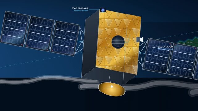 Detailed 3D animation of a satellite in low Earth orbit performing an automated orbit correction maneuver using cold gas thrusters to counteract atmospheric drag and preserve its trajectory
