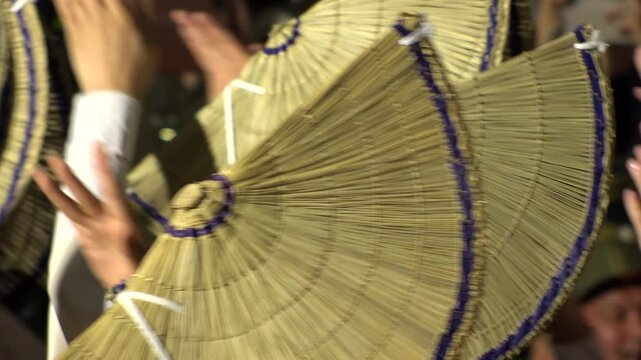 TOKYO, JAPAN - AUG 2026 : Awa Odori dance festival in Koenji. Powerful and energetic dance and music. Traditional Japanese summer event in Tokyo. Close up shot of dancer.