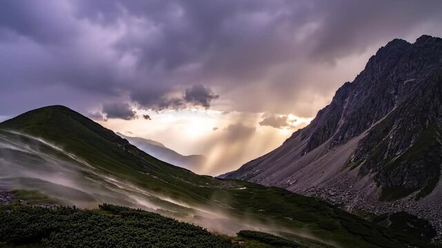 Purple storm clouds gather above a rugged mountain pass as glowing rainfall bands fall through warm sunset light, with windblown mist streaming over dark slopes and steep rocky wall framing the view