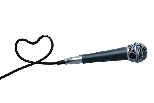 Black microphone with cord forming a heart shape on transparent background, symbolizing music, love, and communication.