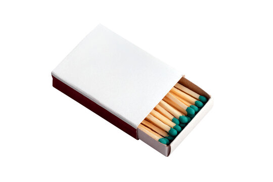Open matchbox with green-tipped wooden matches over transparent background. Minimalist design, perfect for advertising, product mockups, or safety concepts.