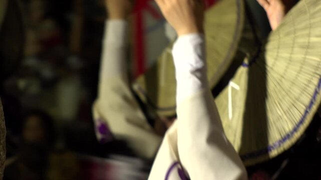 TOKYO, JAPAN - AUG 2026 : Awa Odori dance festival in Koenji. Powerful and energetic dance and music. Traditional Japanese summer event in Tokyo. Close up shot of dancer.